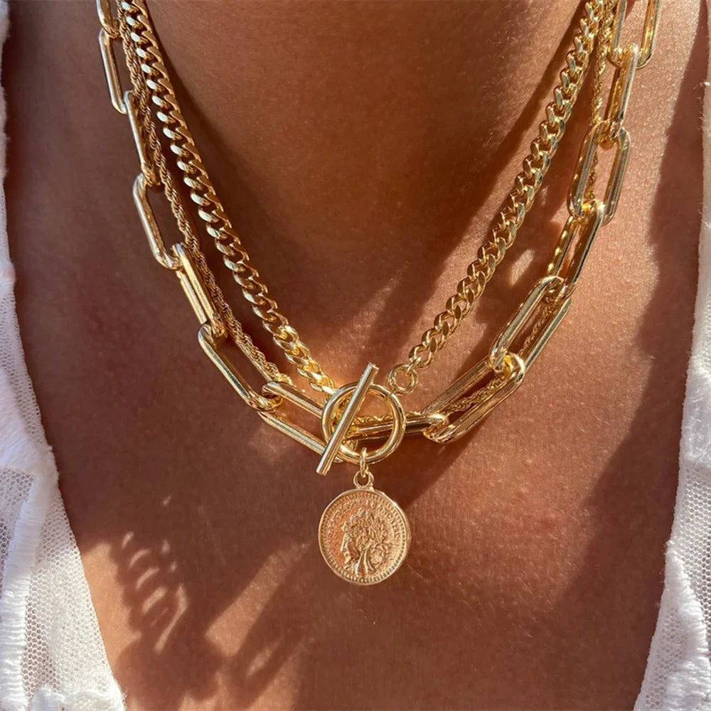 Vintage Coin Pendant Chunky Chain Necklace